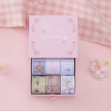 Tsuki ‘Sakura Journey’ Vintage Journal Washi Tape Set with cherry blossoms on pink gingham on pink background